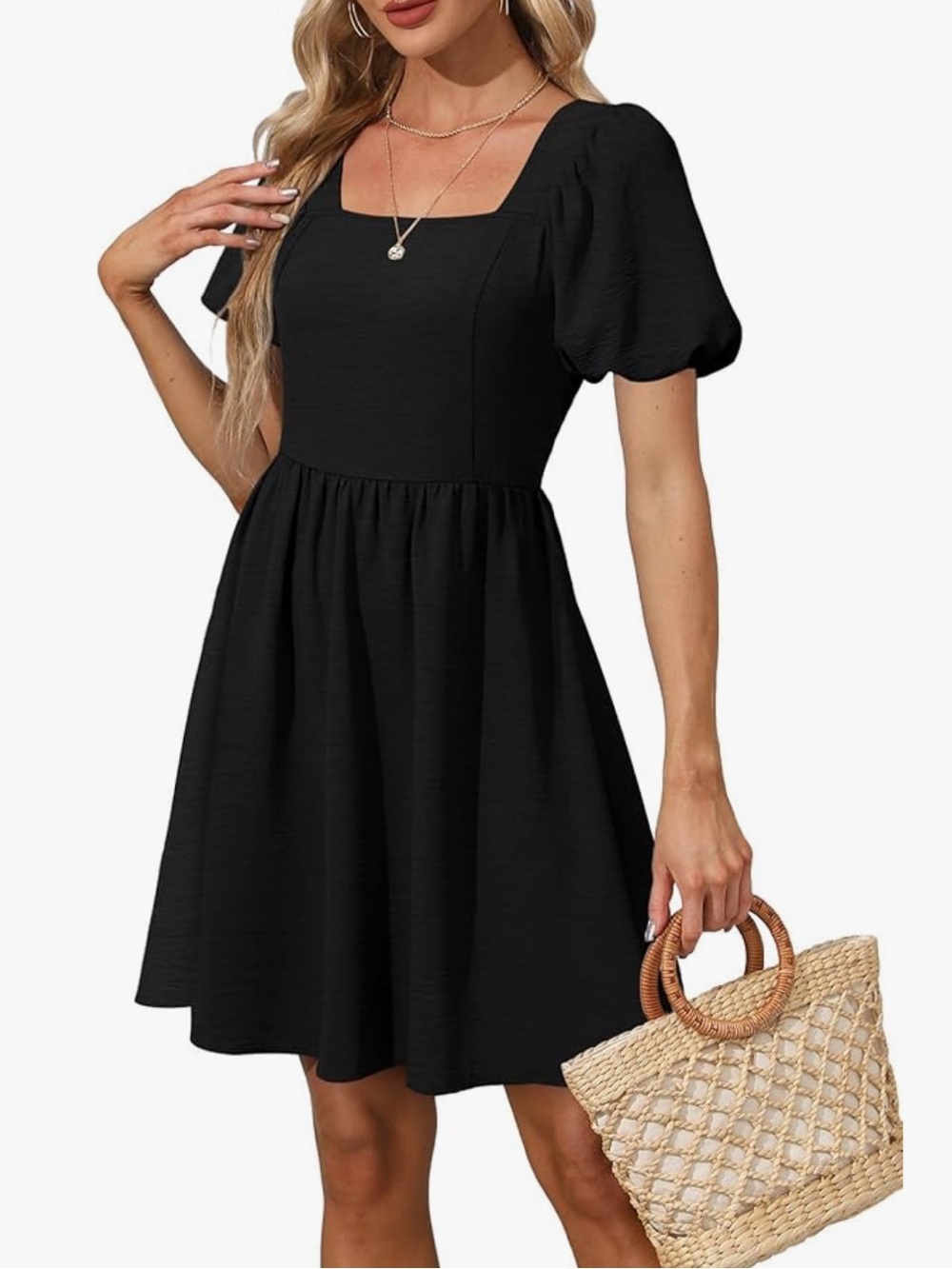 NWOT Women’s Square Neck Puff Sleeve Black Dress